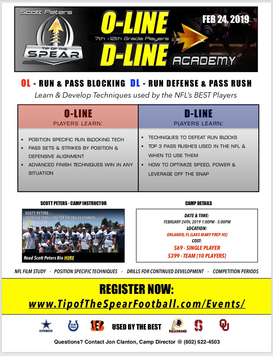 Great chance to get better.  Looking for all OL and DL players tipofthespearfootball.com/events/.  Will be at Lake Mary Prep Feb. 24, 2019.  1pm to 5pm. Welcome single players and teams.