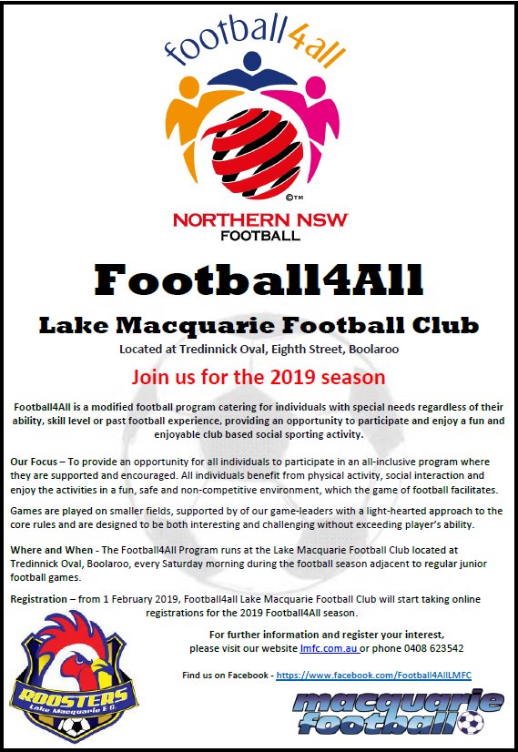MacquarieFootb2's tweet photo. Lake Macquarie FC is hosting their 3rd season of Football4All, a modified football program for individuals with special needs regardless of ability, skill level or past football experience. This is an opportunity to participate, enjoy a fun club based social sporting activity. https://t.co/CmE7Sb9pzu