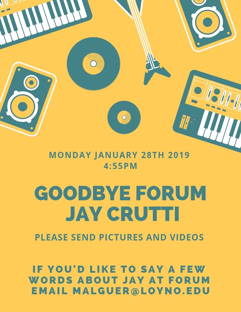 eqa_nola's tweet photo. On Monday we are having a goodbye forum for Jay Crutti. If anyone has any pictures or videos they would like to be included please email it to Martha Alguera. 
malguer@loyno.edu https://t.co/yO7OL140Ox