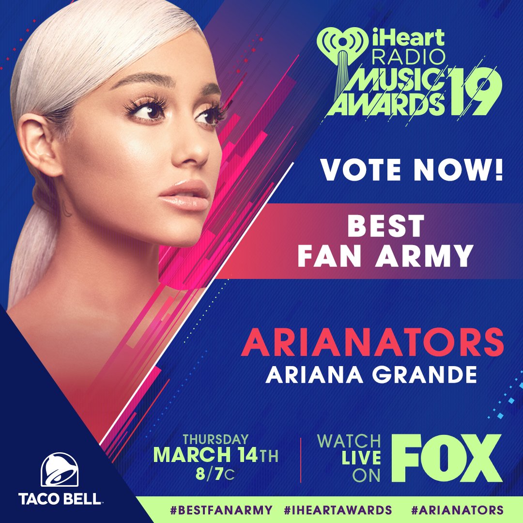 iHeartRadio's tweet photo. RT to vote for #Arianators for @tacobell #BestFanArmy!

#iHeartAwards | @ArianaGrande https://t.co/N1NxJbzxBn