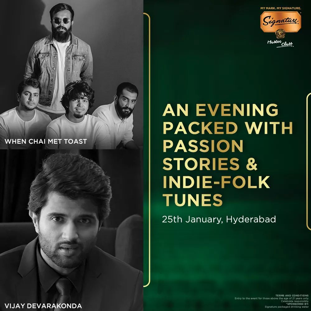 Captivating passion stories and enchanting tunes, Hyderabad, get ready to be charmed by the amazing When Chai Met Toast right after a fascinating #PassionToPaycheck story by Vijay Deverakonda at the #SignatureMasterclass Season 3. Book your seats now: spr.ly/6183EOfp