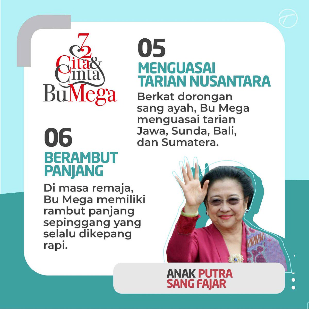Bu Mega adalah anak dari Putra Sang Fajar, lahir di Yogyakarta 72 tahun silam dan bernama lengkap Dyah Permata Megawati Setyawati Soekarnoputri. 

#72CitaCintaBuMega