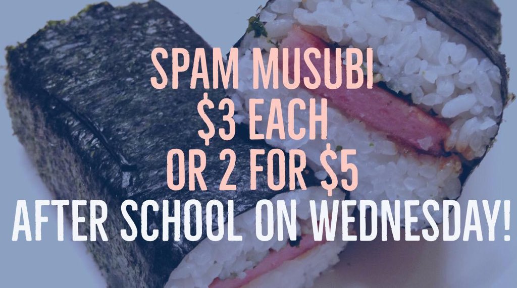 WCHSASB's tweet photo. Donโt forget to bring your
๐คMONEY๐ค tomorrow, weโre selling ๐SPAM MUSUBI๐ right AFTER SCHOOL !!
#MUSUBAE #SPAMMUSUBI https://t.co/g6ybUhDsNd