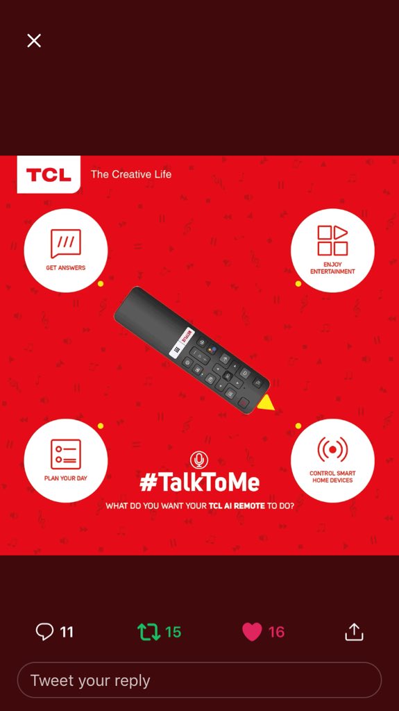 <a href="/tcl_india/">TCL India</a> #TalkToMe

I want my TCL AI remote to Control Smart Home devices.

<a href="/tcl_india/">TCL India</a> 

Guys join 
<a href="/MrFooodie/">Rajvir</a> <a href="/pulkit1205p/">I_am_Pulkit</a> @saya_sonam @HarjeetKaur_ @Miss_Chinki <a href="/yatin2599/">Yatin</a> <a href="/GurvirSingh_/">Gurvir Singh</a> <a href="/AnujSetia2/">Anuj Setia</a> <a href="/Omkar5de/">Omkar</a>