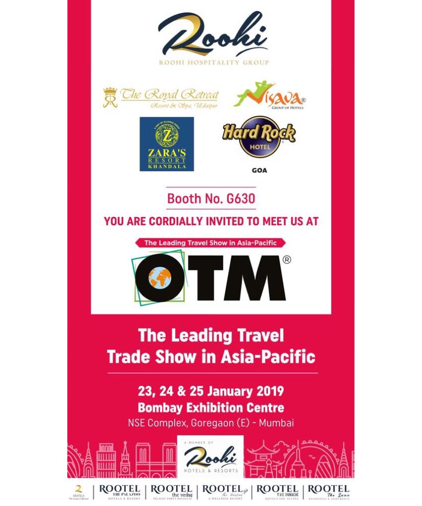 Meet us at OTM Mumbai, Booth No: G 630 ! 
#otm2019 #mumbai #asiatravel #inbound #travel #roohihotels #roohihospitalitygroup #rootel #hospitality #hotels #marketingcompany #salesrepresentation #management #resorts