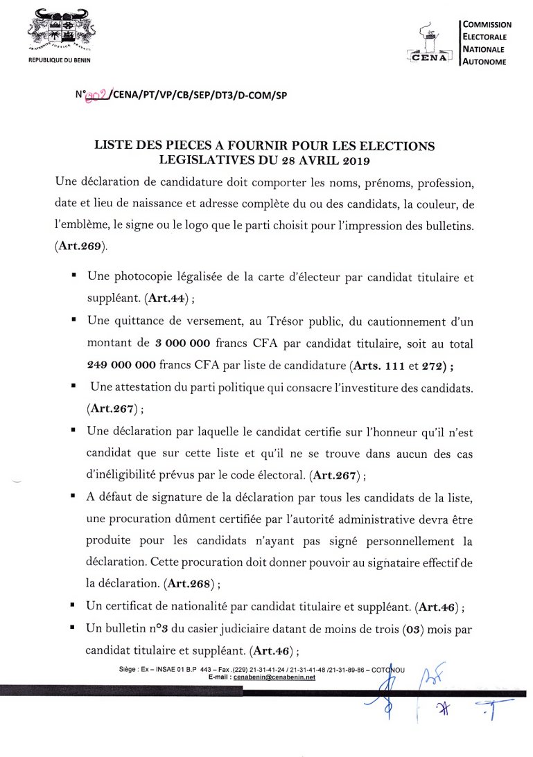 LISTE DES PIÈCES A FOURNIR POUR LES ELECTIONS LÉGISLATIVES DU 28 AVRIL 2019 <a href="/Cenabenin_info/">CENA BÉNIN</a> #Benin #Presse @rue229 @Wasexo <a href="/Abpbj/">Agence Bénin-Presse</a> @Benin_Numerique <a href="/africanewsfr/">Africanews Français</a> <a href="/AfricaPressNews/">Press News Africa</a> #le229 <a href="/PresidenceBenin/">Présidence du Bénin</a> <a href="/RPresse/">Revue de Presse</a> <a href="/BanoutoBenin/">Banouto</a>,<a href="/bbcafrique/">BBC News Afrique</a> ,<a href="/golfetv/">Golfe Medias</a> ,<a href="/a24media/">A24MAX</a> <a href="/AFRICA24TV/">#AFRICA24</a>