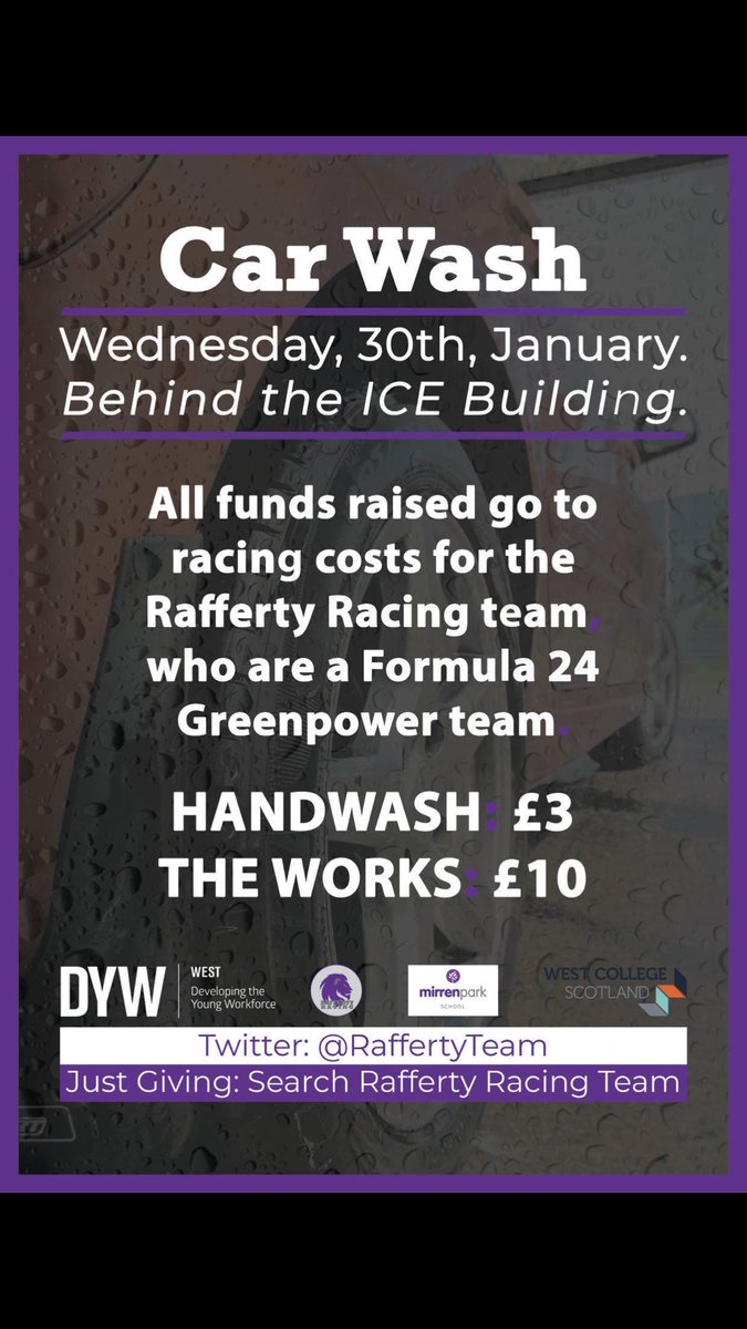 Our team <a href="/mirrenpark/">Mirren Park School</a> are doing a Car Wash <a href="/WestCollScot/">WestCollegeScotland</a> on the 30th January at the back of the Ice building to raise money for the team to race at <a href="/Greenpowertrust/">Greenpower Education Trust</a> at East fortune.   If you can’t make it down you can donate via the just giving.  <a href="/DYWWEST/">DYW West</a> 

justgiving.com/crowdfunding/r…