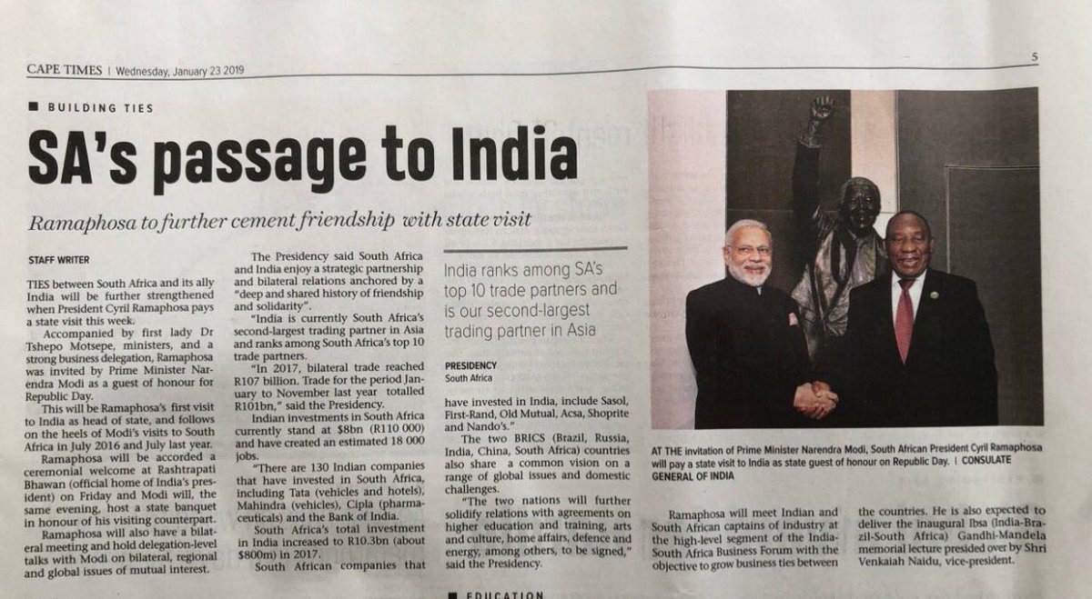 smøre virkelighed Tag fat India in SouthAfrica on Twitter: "South African media reports on President  @CyrilRamaphosa's visit to India. Articles today in CAPE TIMES and the POST  newspapers 🇮🇳🇿🇦 https://t.co/hOxHNu10Ht" / Twitter