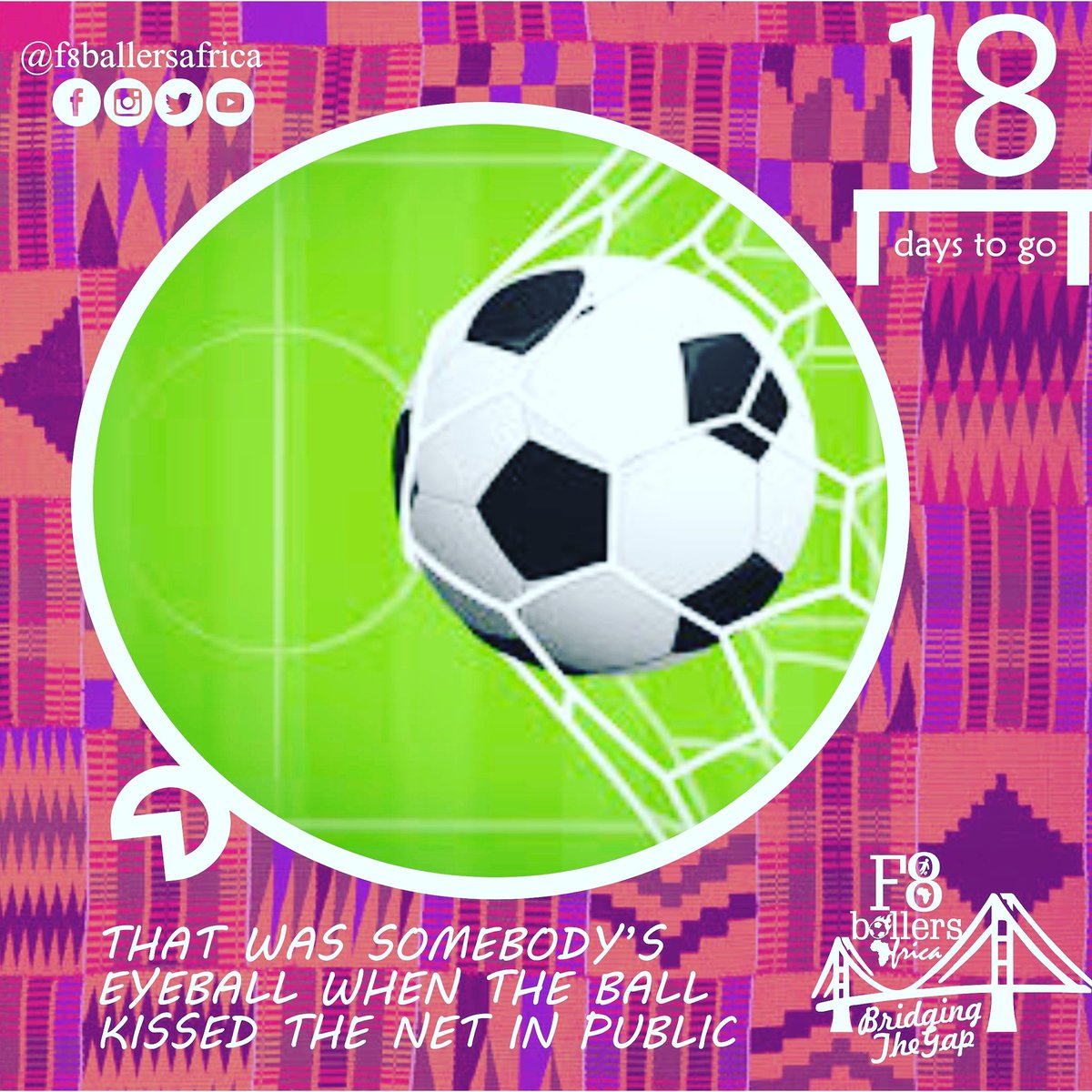 18DaysToGo

#Play #Friendship #Fundraising #Music #Dance #FootballTechniques #Youngplayers #NoveltyMatch #Footballacademies #Africa #Nigeria #TotalCAFCL #Football #FoodAndDrinks #Excitements #New #footballlive #Birthday #skills #Penalty #FootballQuiz #Passes #Celebrities #Winning