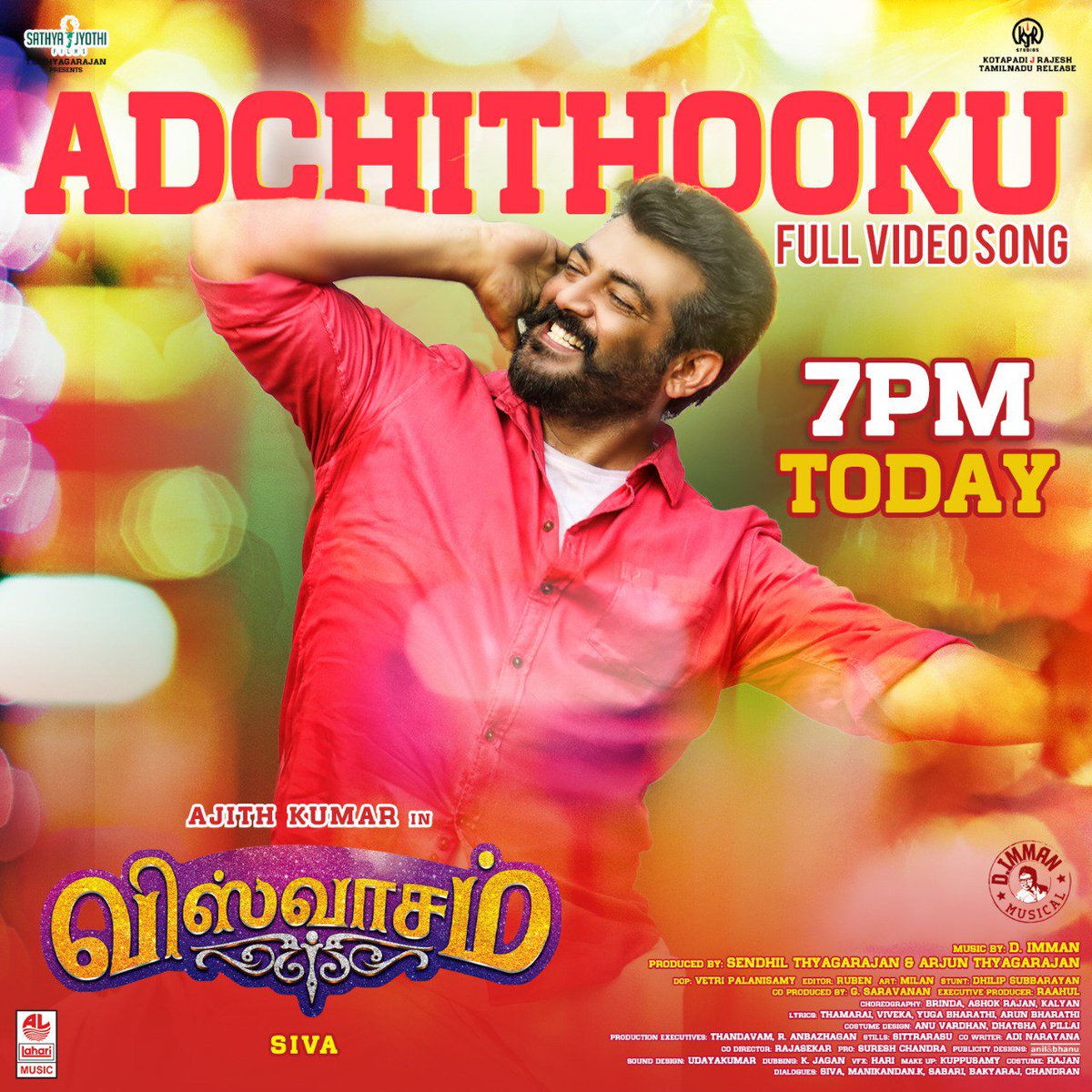 SathyaJyothi's tweet photo. Are you ready for the #AdchiThooku Video Song releasing today in @LahariMusic 😀

@directorsiva @SureshChandraa @immancomposer @AntonyLRuben @dhilipaction @DoneChannel1 https://t.co/JKp5GGEr95