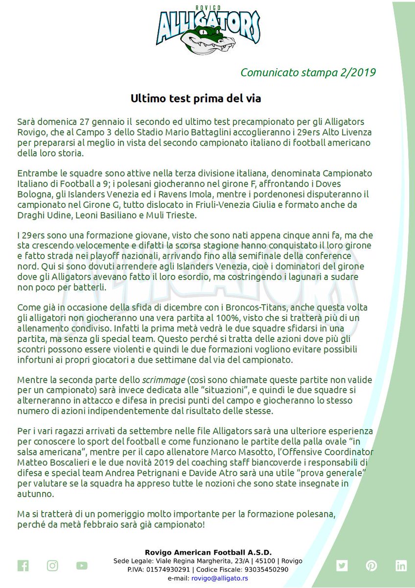 AlligatorsRo's tweet photo. Domenica 27 gennaio, sul Campo 3 dello Stadio #Battaglini di #Rovigo, gli #AlligatorsRovigo affronteranno nell'ultimo #scrimmage prima del via della #IIIdivisione italiana di #FootballAmericano (#CIF9) i #29ersAltoLivenza. https://t.co/z6WHfwiLlG