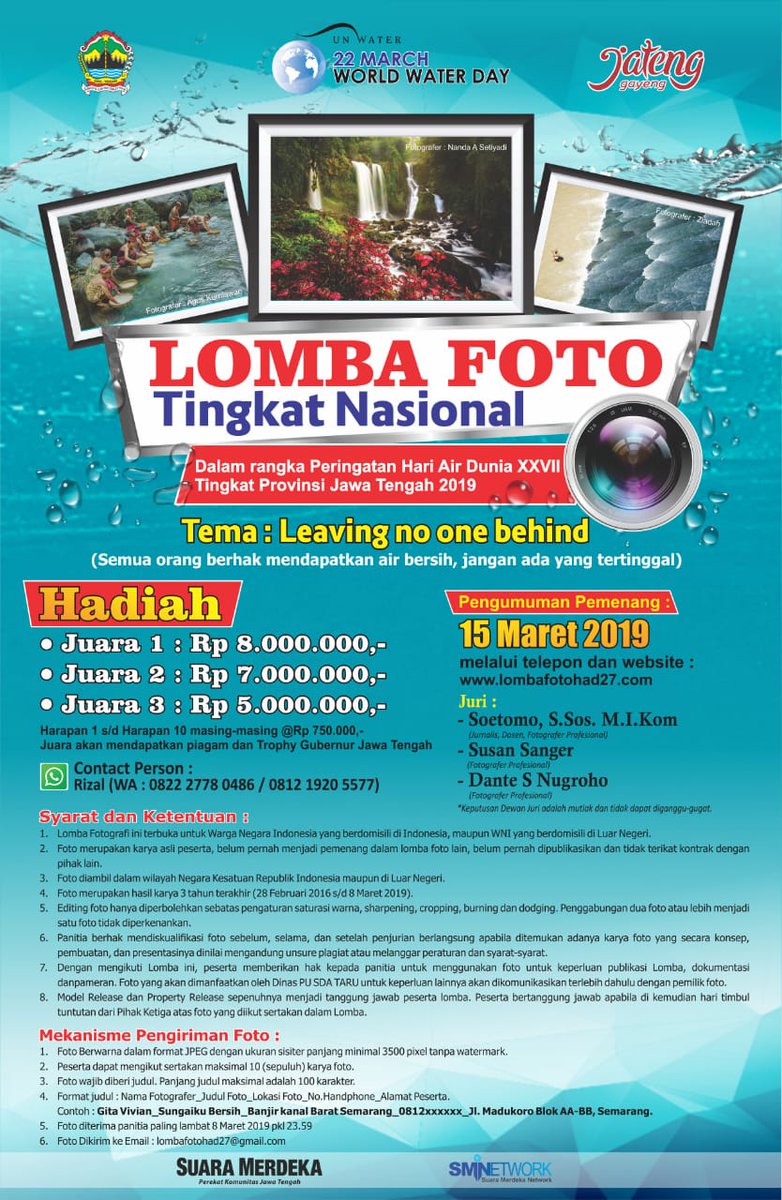 Yang hobi foto-foto...yuk ikutan lomba foto disini..
Dalam Rangka Hari Air Dunia XXVII Tahun 2019 Tingkat <a href="/provjateng/">Provinsi Jawa Tengah</a> 
Nih syarat-syaratnya...👇
#JatengGayeng #had2019 
<a href="/ganjarpranowo/">Ganjar Pranowo</a> <a href="/TajYasinMZ/">Taj Yasin Maimoen</a> <a href="/humasjateng/">Humas Jateng</a> <a href="/KemenPU/">Kementerian PU</a> @DitjenSDA <a href="/kominfo_jtg/">Kominfo Jateng</a> <a href="/disporaparjtg/">Disporapar Jateng #JelajahJatengSekarang</a> <a href="/SemarangPhoto/">Semarang Fotografi</a>