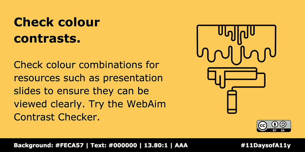 HumSS_TEL's tweet image. Checking colour combinations for resources such as presentations is a great way to improve accessibility. Providing them in a digital format also means that adjustments can be made quickly and easily. 🖍️

Try the WebAim Contrast Checker at webaim.org/resources/cont….

#11DaysofA11y