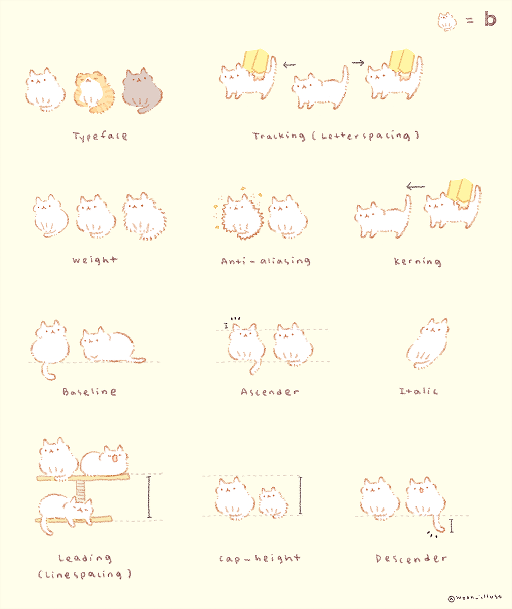 그래픽디자인 개그.. 고양이로 보는 타이포그래피 용어들 🐈
typography terms in cats