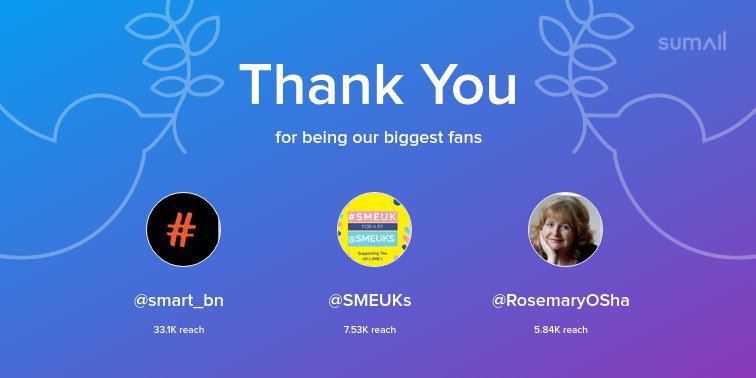 Our biggest fans this week: <a href="/smart_bn/">#SmartNetworking</a>, <a href="/SMEUKs/">@SMEUKs</a>, <a href="/RosemaryOSha/">Rosemary</a>. Thank you! via sumall.com/thankyou?utm_s…