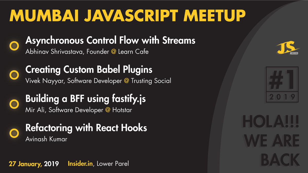 VivekNayyar09's tweet image. Come for the meetup this Sunday if any of the below mentioned topics interests you.
#JavascriptMeetup #MumbaiMeetup
@mum_jscriptors
Big thanks to Sparsh Paliwal for designing this 🎉