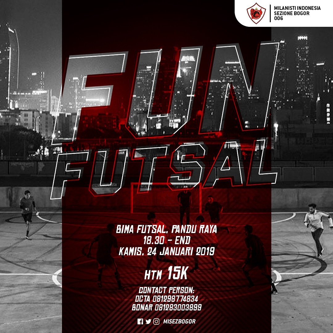 Fun Futsal Milanisti Sezione Bogor

Hari : Kamis, 24 Januari 2019
Tempat : Lapangan Bima Futsal
Jam : 18.30 WIB
HTM : 15 K
Terbuka buat Member/Non member
<a href="/BIG_BOJONG/">MilanistiBIGbojong</a> <a href="/KelinciCicak_/">Ciawi Cicurug Puncak</a> <a href="/misezbo_botim/">MI Basis Bogor Timur</a> <a href="/Angel_MIszBogor/">Angel Bogor</a>
#futsal #misezbogor #olahragaitusehat