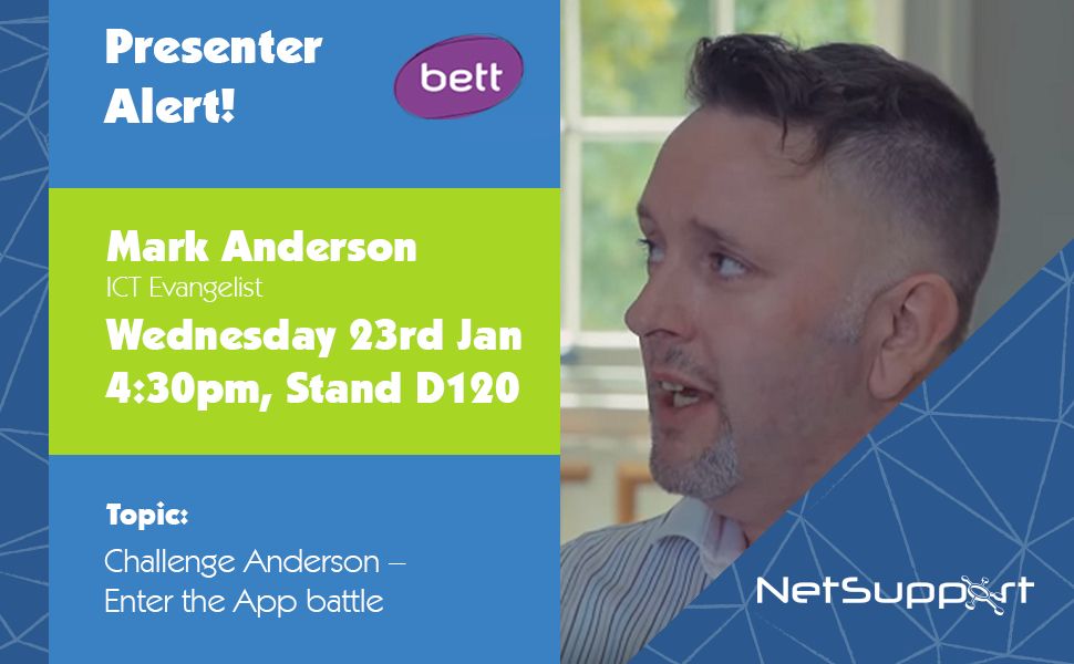 ICTEvangelist's tweet photo. Fancy a bit of fun and sharing here at #BETT2019 today? Join me at 1630 on D120 with @NetSupportGroup for our daily #ChallengeAnderson #appbattle https://t.co/VfNDVfXNMz