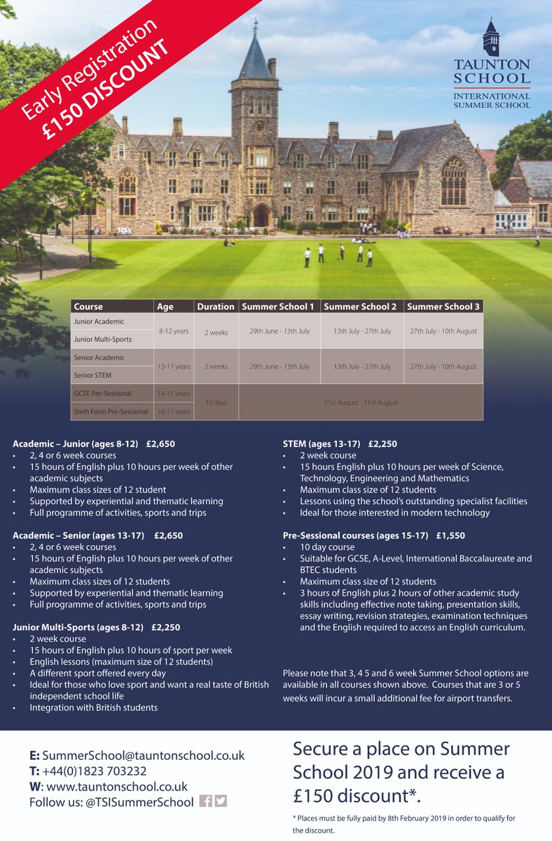 tauntonschool's tweet photo. Planning ahead? Taunton School International Summer School is offering a £150 discount on all courses booked before 8th of February! ☀️🏫📚
#GetPlanning #SummerSchool #Discount #EarlyBird #EarlyRegistration #SummerCamp #SummerCourse #Summer #AcademicCourse #Sports #STEM https://t.co/orzfhEQEyV