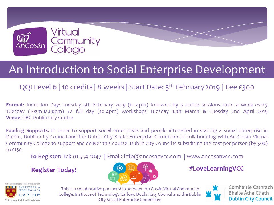 Interested in learning about starting / growing a #socialenterprise? We are partnering with @AnCosan_VCC to deliver their Social Enterprise Course. For info: ancosanvcc.com/intro-to-socia… 
To register: sforce.co/2M9Wgty (Please note places are limited) #Dublin #SocEnt <a href="/socentie/">SocEnt.ie</a>