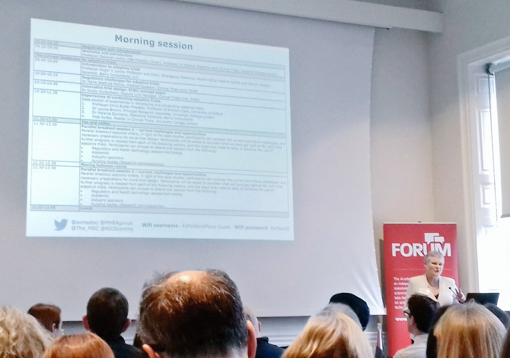 Neuronal_K's tweet photo. The #FORUM workshop in #adaptivetrials just started with Prof Deborah Ashby welcome and introduction @acmedsci @MHRAgovuk @The_MRC @NICEcomms https://t.co/jexxAYRGjx
