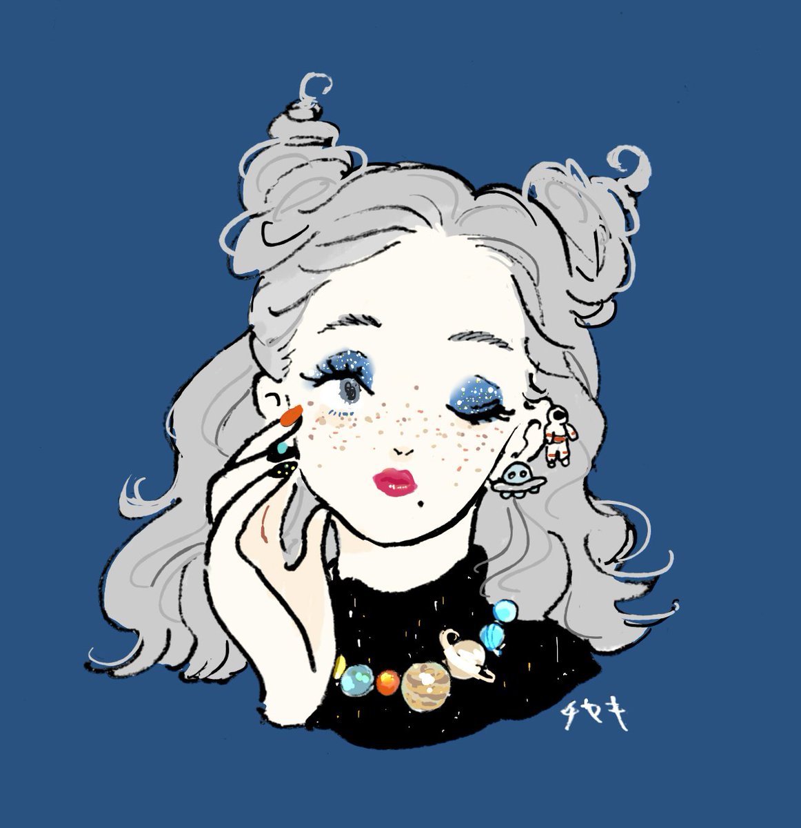 1girl solo grey hair jewelry earrings freckles blue background  illustration images