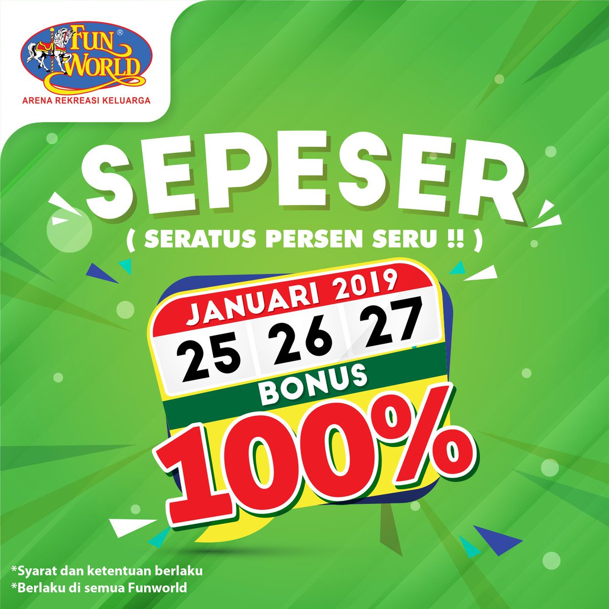 Surprise! SEPESER (Seratus Persen SERU) is coming back! 
Tgl 25-27 Jan 2019 promo SEPESER dapat dinikmati lagi loh, kamu bisa mendapatkan bonus 100% pembelian/top up di seluruh lokasi Funworld. 

So, save the date ya!

*T&amp;C Applied
#funworld #funworldindonesia #SEPESER #alwaysfun