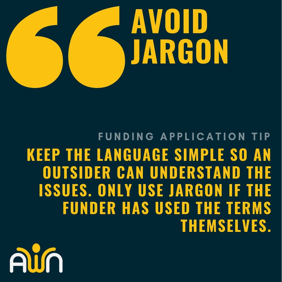 AWN_org's tweet photo. Successful applications avoid jargon and get to the point with language that is clear and easy to understand.
#funding #fundraisers #nonprofitlife #nonprofitorganization #socent #communitywork #charity #everylittlehelps #nonprofit #fundraise #helpfultips #tips #helpfulthreads https://t.co/LNWXM0ACbC