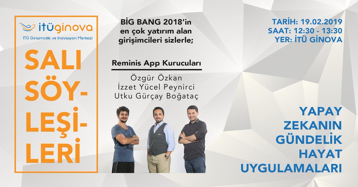 Salı Söyleşilerine Big Bang 2018’de en yüksek yatırımı alan girişim olan <a href="/reminisapp/">Reminis App</a> kurucuları konuk oluyor. 

Yapay Zekânın Gündelik Hayat Uygulamaları başlıklı söyleşi, 19 Şubat Salı günü 12.30 İTÜ GİNOVA’da düzenlenecek. 

Ücretsiz kayıt 👉 bit.ly/ss-reminis

<a href="/itu1773/">İTÜ - İstanbul Teknik Üniversitesi</a>