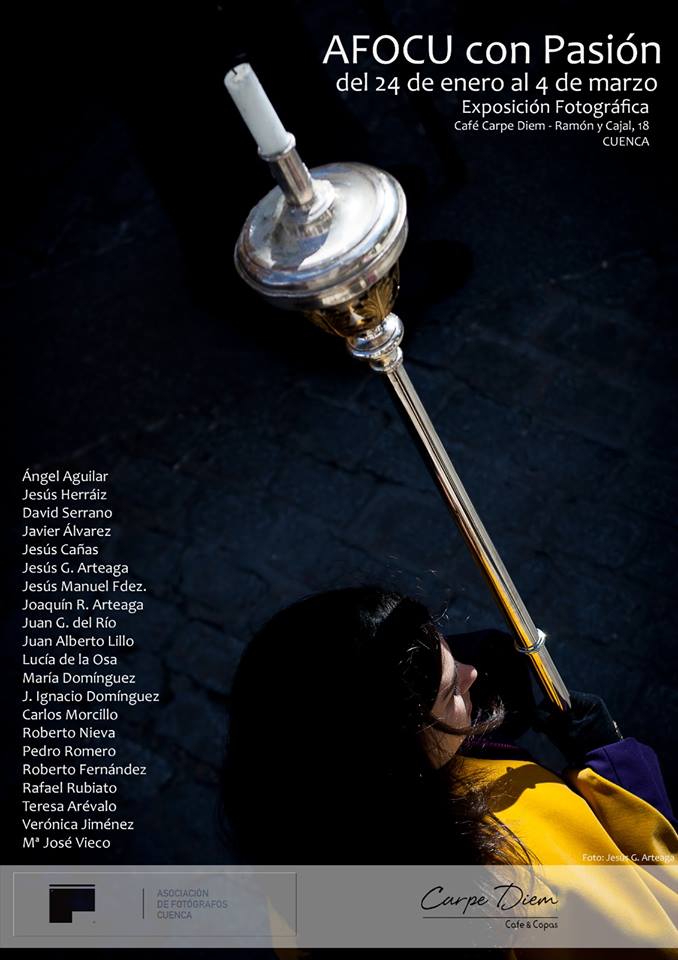 Del el 24 de enero al 4 de marzo podréis disfrutar en Carpe Diem de AFOCU con Pasión, la primera exposición fotográfica colectiva de <a href="/afocuenca/">Asoc. Fotógr. Cuenca</a> 📸
¡Os esperamos! 😊
#Cuenca #España #Spain #pub #café #exposición #fotos #fotografía #SemanaSanta #SemanaSantaCuenca