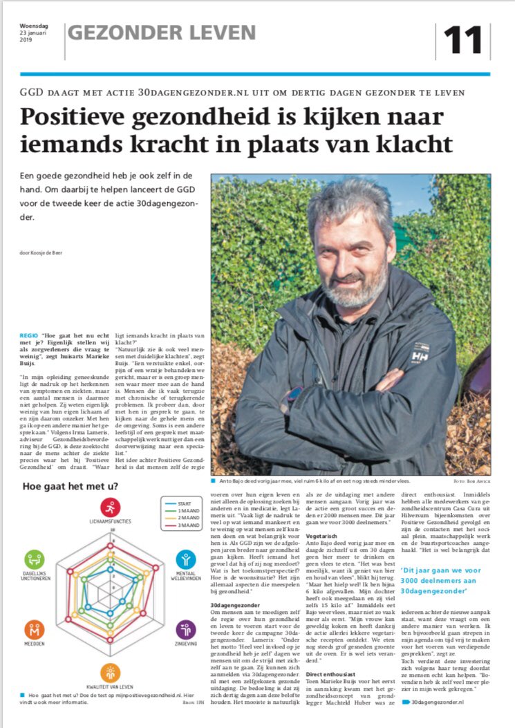 Vandaag een artikel over positieve gezondheid in alle lokale nieuwsbladen in Gooi en Vechtstreek van Enter Media. De actie 30 Dagen Gezonder, die 1 maart start, brengt het gedachtegoed extra onder de aandacht.