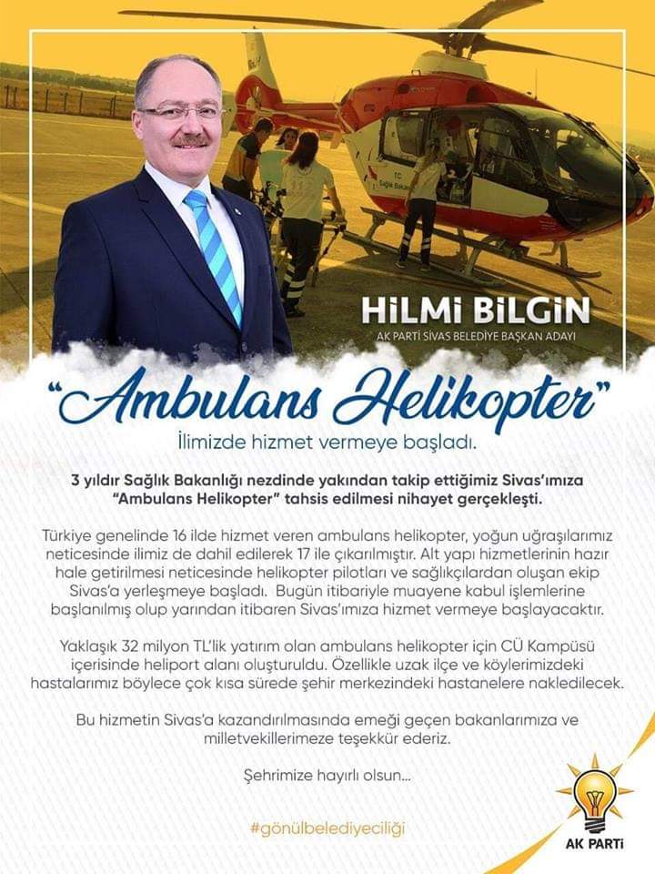 Ambulans helikopterimiz hayırlı olsun. 
Emeği geçenlerden Allah razı olsun. 
#Gönülbelediyeciliği 
#Öncemilletöncememleket
