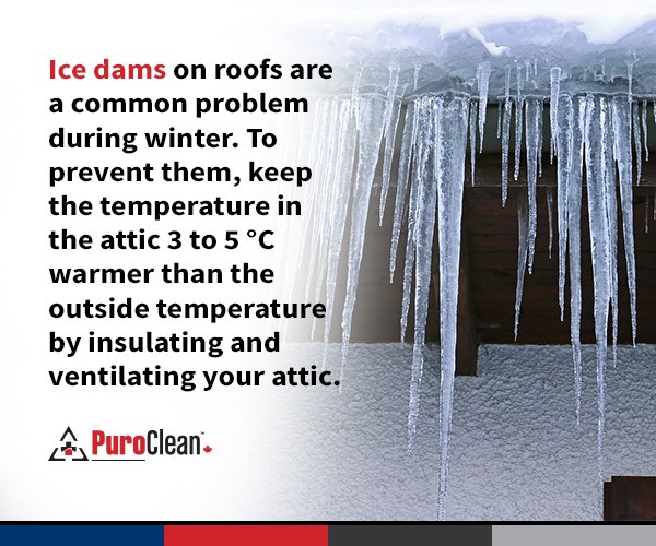 Ice dams on roofs are a common problem during winter. To help prevent ice dams on your roof, keep the temperature in the attic 3 to 5 °C warmer than the outside temperature by insulating and ventilating your attic.