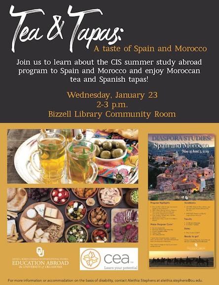 oucis's tweet image. Interested in studying abroad this summer? Join us this afternoon in Bizzell to learn about CIS's amazing Spain &amp;amp; Morocco program! Tea &amp;amp; Spanish tapas will be served. #studyabroad #ouabroad 🇪🇸 🇲🇦 ☕️ @OU_MLLL @OU_AR_flagship