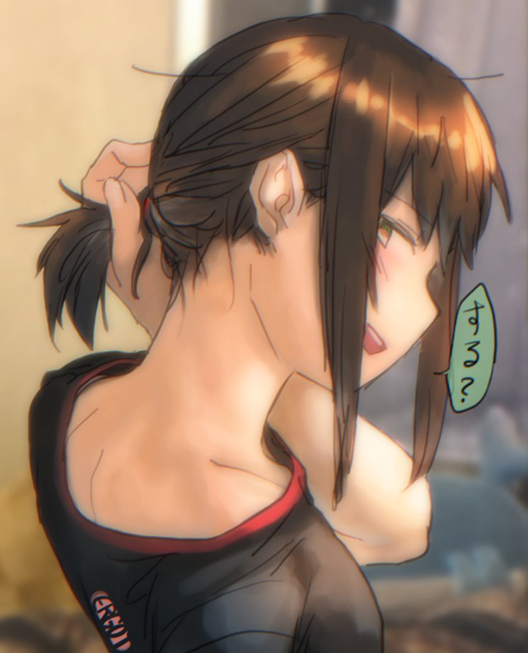 fubuki (kancolle) 1girl nape solo short ponytail black shirt shirt open mouth  illustration images