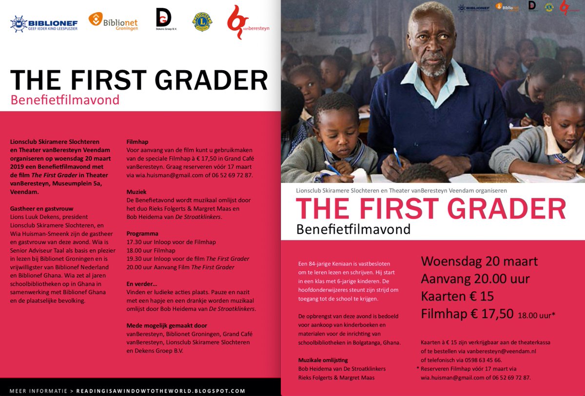 Op woensdag 20 maart organiseert #Lionsclub <a href="/skiramere/">Lionsclub Skiramere</a> een benefiet avond in <a href="/vanberesteyn/">vanberesteyn</a> Je kan de avond beginnen met #flimhap, gevolgd door de film #TheFirstGrader er is #muziek en meer! Lees op de foto meer over kaartverkoop en reservering van de filmhap.