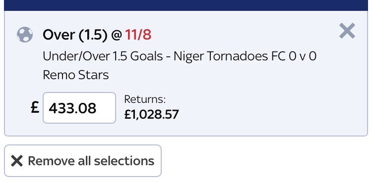 StatsSay's tweet image. Bet 7

We are off to.... Nigeria 🇳🇬 

WE ARE GOING FOR THE GRAND!!!

This game has had 6 shots on target in the first half and 12 in total. The home team normally grab a goal and I can see it being 2-0 or 1-1.

#bookiekiller #bookiebasher #bookie #skybet #football #soccer #bet