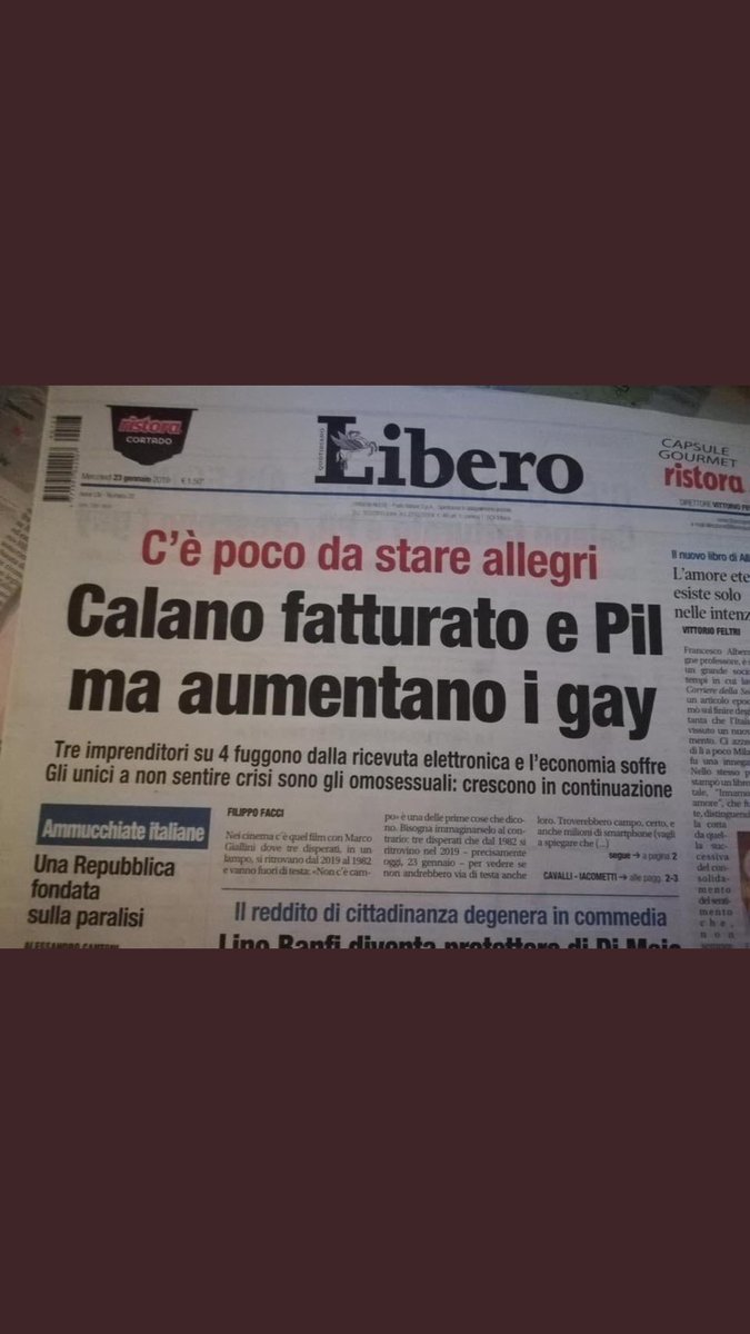 La cosa più interessante del quotidiano <a href="/Libero_official/">Libero</a> e’ che e’ l’unico giornale al mondo senza notizie ma che fa notizia. Un caso di scuola da studiare. Prossimo scoop: “Italia, tassazione alle stelle e negri più numerosi dei Froci. Invasione”