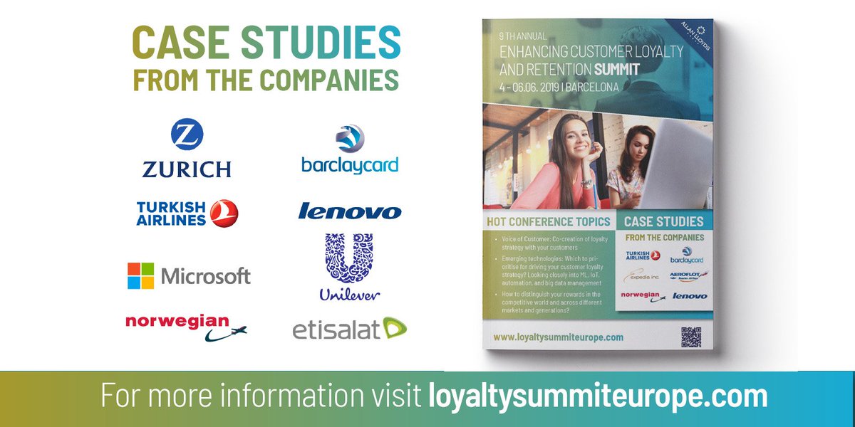 ALCustExp's tweet photo. Representatives from @Microsoft @Unilever @Uber @Zurich @lenovo @ericsson @GENERALI @Expedia @Fly_Norwegian @TurkishAirlines and others will share their experience on #CustomerLoyalty at #ALloyalty #Summit #Barcelona (4-6 June 2019) https://t.co/vbFTlCe3sd https://t.co/wx54oZ8yZQ