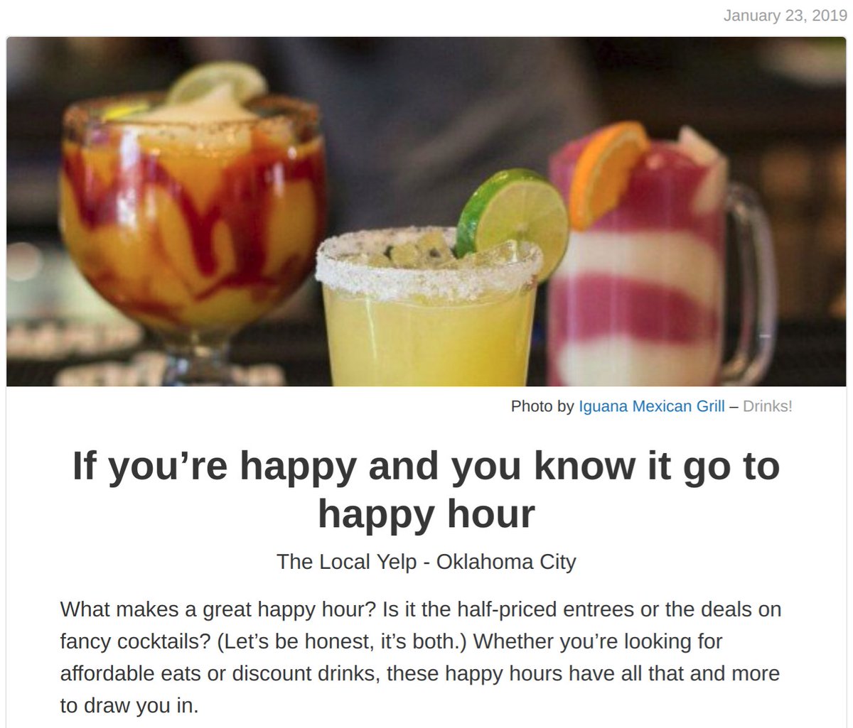 If you’re happy and you know it go to happy hour! This week's Local Yelp Features:
<a href="/iguanaokc/">Iguana Mexican Grill</a>
<a href="/Guyutes/">Guyutes</a> 
<a href="/ScratchPaseoOKC/">Scratch Paseo OKC</a> 
<a href="/gogosushiok/">GoGo Sushi</a> 
<a href="/BossanovaLounge/">Bossanova LoungeBar</a> 
Check it out: yelp.com/local_yelp/JKl…
#yelpokc #okly #localyelp #yelploveslocal #happhour #okc