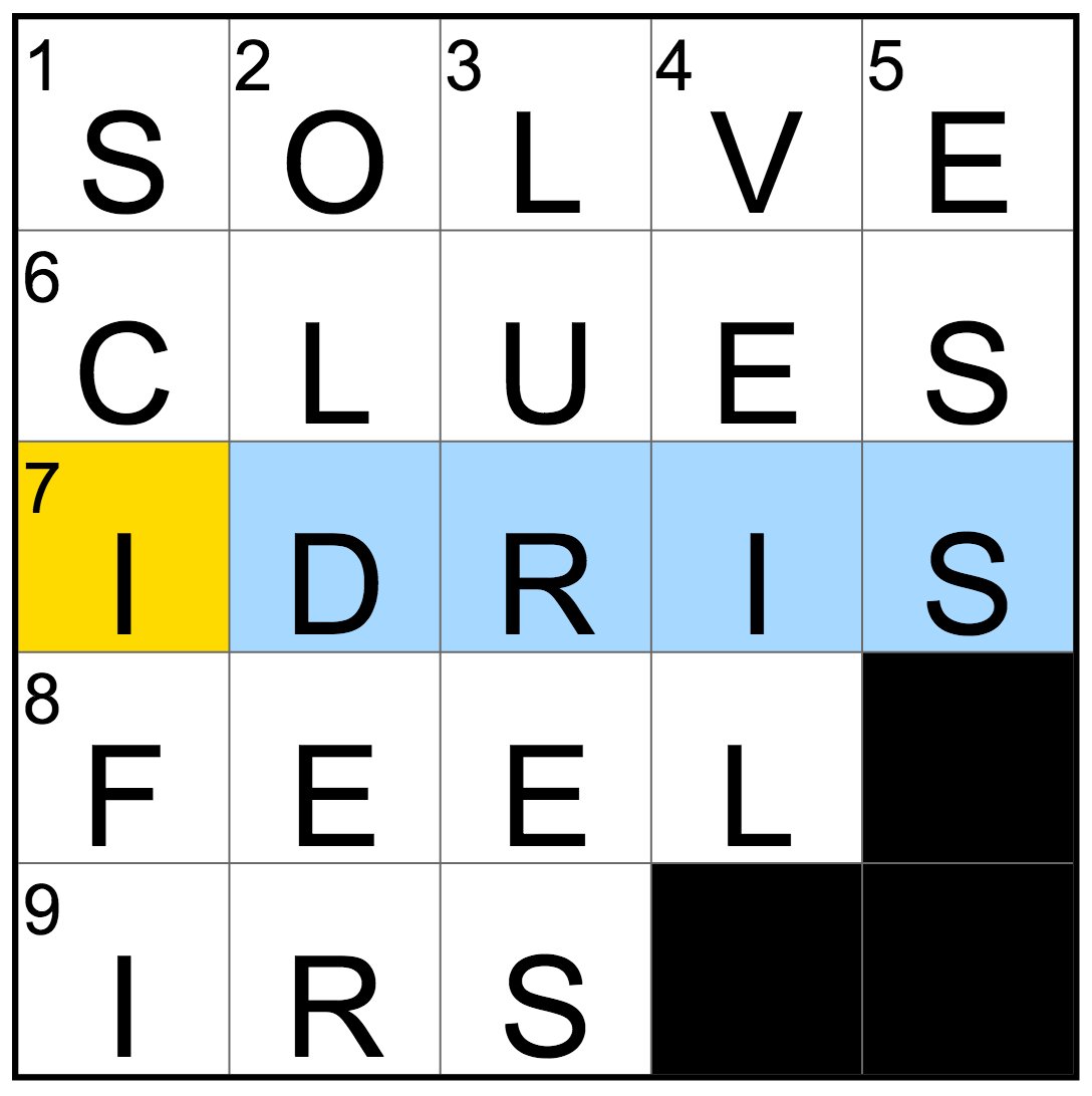 A 5x5 mini crossword puzzle, with the word Idris highlighted.