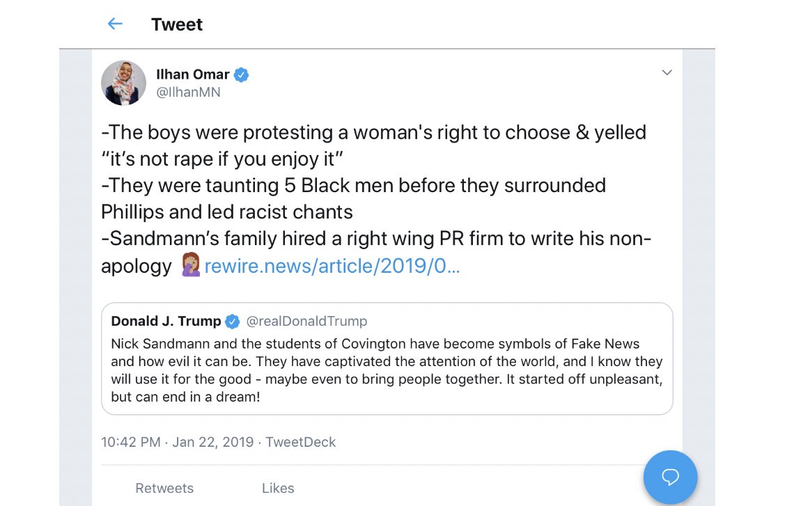 Here’s the tweet  @IlhanMN deleted where she sides with racist homophobic bigoted Black Israelites over the Covington kids, falsely claims the kid who made the rape remark went to Covington, & dunks on kids for seeking PR advice when maligned by mob, media, & members of Congress.