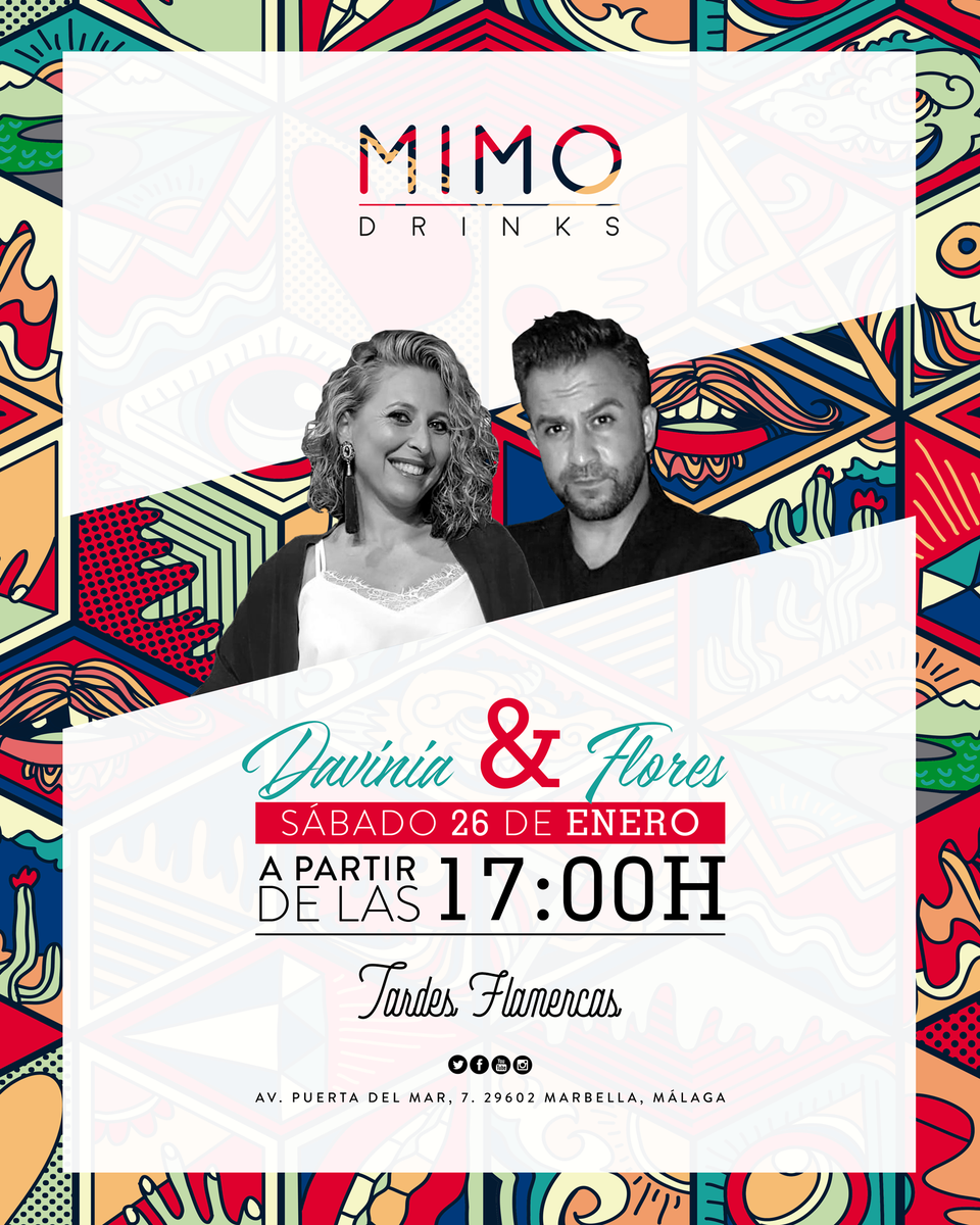 MimoDrinks's tweet photo. 📣 ¡Conciertazo para este sábado con Davinia &amp; el Flores! Desde las 17.00h disfruta nuestras #TardesFlamencas, ¡te esperamos! 

#MIMO #MIMODrinks #Marbella #Marbs
#livemusic #conciertos #cocktails #weekend #life #flamenco #music https://t.co/KBPT4pJDzQ