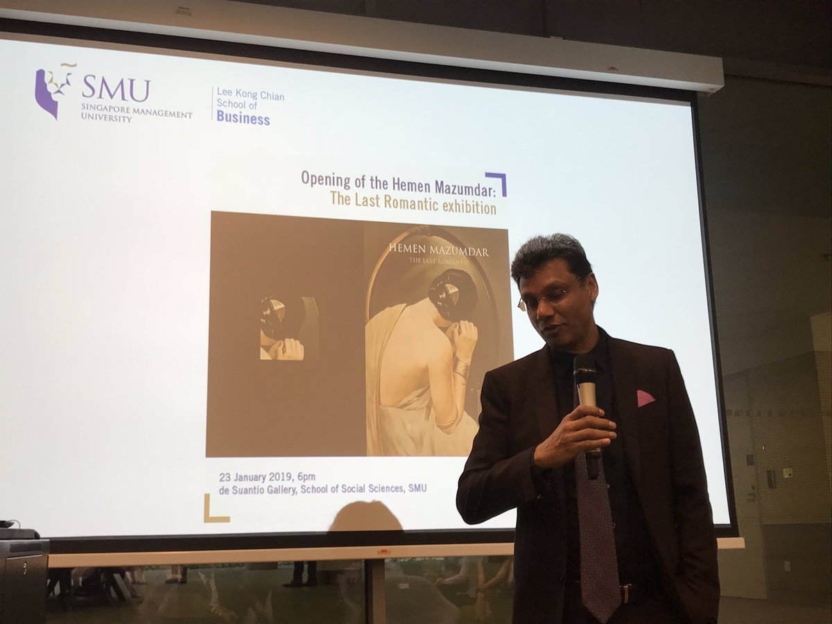 profgerrygeorge's tweet photo. We had our first exhibition of #HemenMazumdar paintings @sgSMU “The Last Romantic” opened by HE @JawedAshraf5 High Commissioner of #India in #Singapore #IndianMasters Thanks to @ProfKumar for sharing his collection of Masterpieces! #LKCSB https://t.co/q4syqzq0Dx