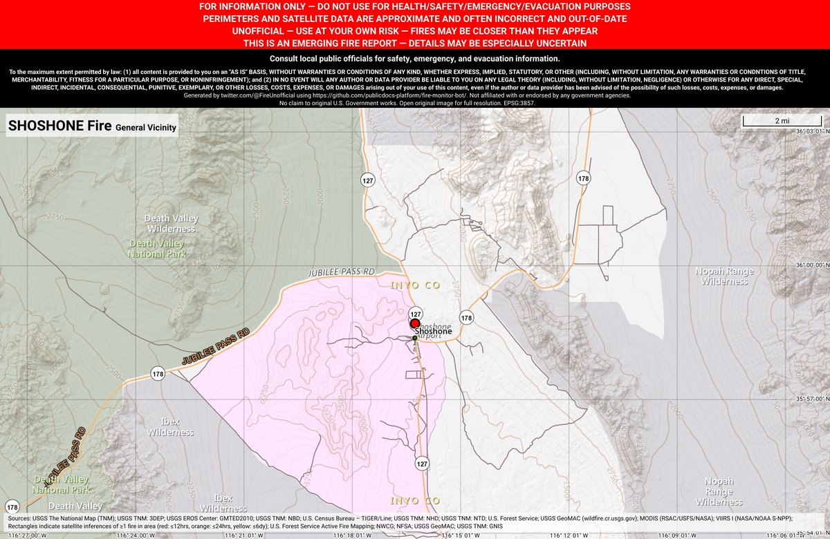CaliFireBot's tweet photo. #ShoshoneFire ๐ฅ discovered Jan 23, 2019, 1:40 AM UTC - unofficial report.
#InyoCounty @BLMca; Near Shoshone, CA. ~58mi WSW of Las Vegas, NV. See officials for safety info. May be incorrect; disclaimers in images. https://t.co/VktjWHyTqv