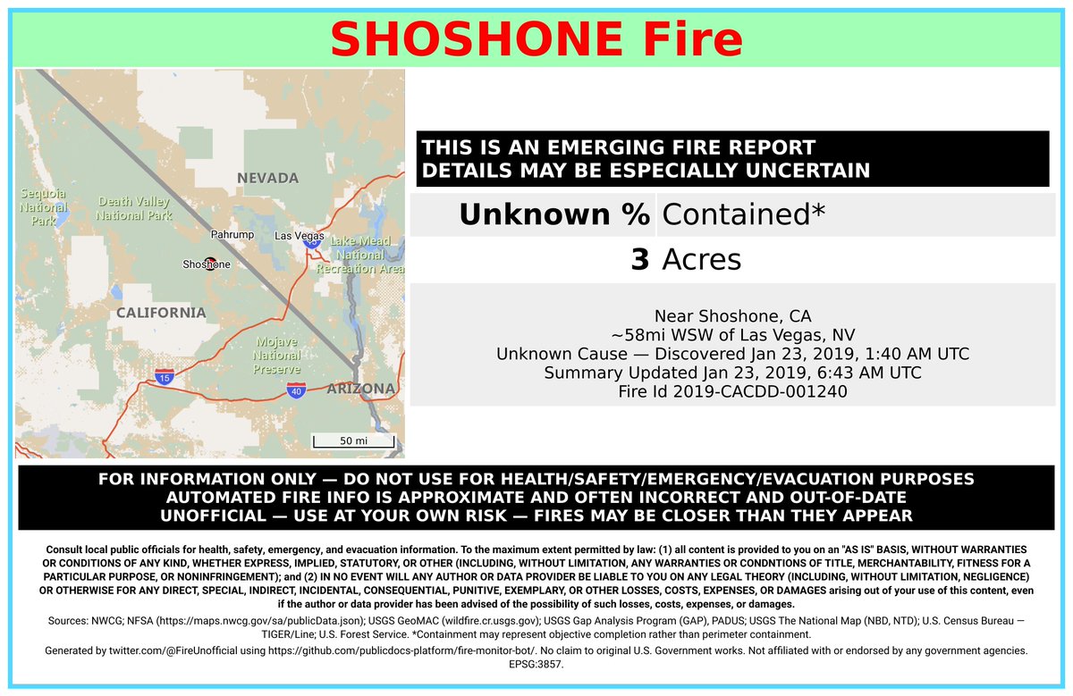 CaliFireBot's tweet photo. #ShoshoneFire ๐ฅ discovered Jan 23, 2019, 1:40 AM UTC - unofficial report.
#InyoCounty @BLMca; Near Shoshone, CA. ~58mi WSW of Las Vegas, NV. See officials for safety info. May be incorrect; disclaimers in images. https://t.co/VktjWHyTqv