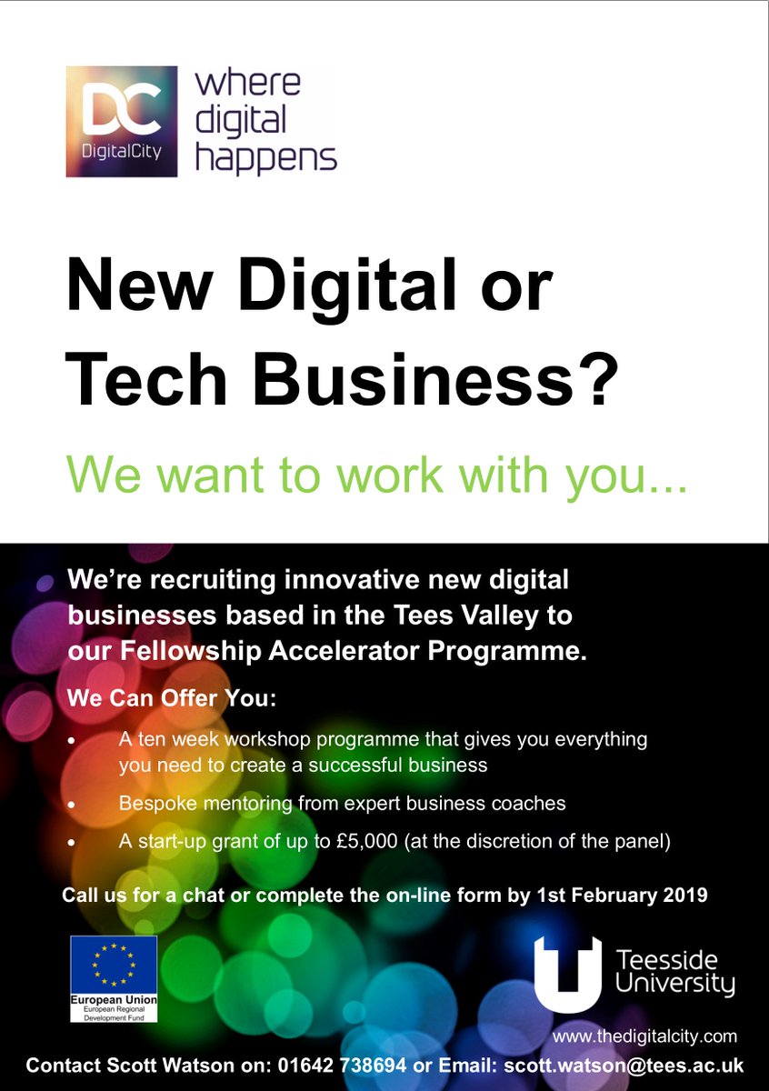The deadline for our Accelerator Programme is just over a week away on 1st Feb. If you’re running a new Tees-Valley based digital/tech business we would love to hear from you! We offer a grant, workshops and coaching from expert business mentors. Details: tinyurl.com/y8tt3fjc
