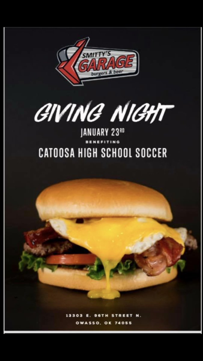 CatoosaHigh's tweet photo. What’s for dinner tonight? Smitty Garage in Owasso 5 to 9! Support our teams! https://t.co/znS6cXYHOp