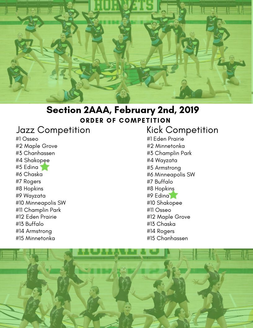 edinahornets's tweet photo. Save the date! For the first time in school history Edina HS will be hosting the Section 2AAA Dance Championships! ⁦@EdinaFanSection⁩ #Hornets https://t.co/L9hFppXVx5