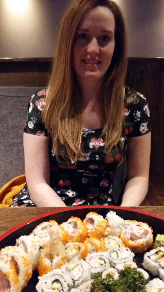 hendolive's tweet photo. bit of sushi last weekend with the gf looking great in her cakes with faces dress (great Christmas gift from me of course).. ha @cakeswithfaces #sushi #cakeswithfaces #dress #kawaii https://t.co/cJqg3WfoV3